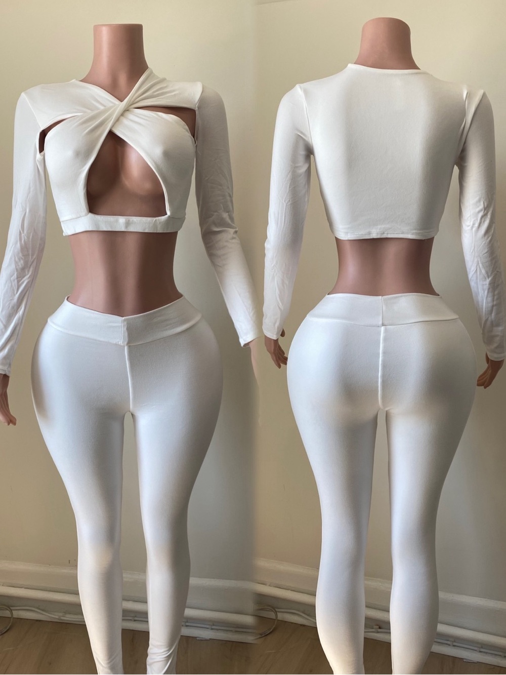 Women's White Cutout Long-Sleeve Crop Top & High-Waist Leggings Set